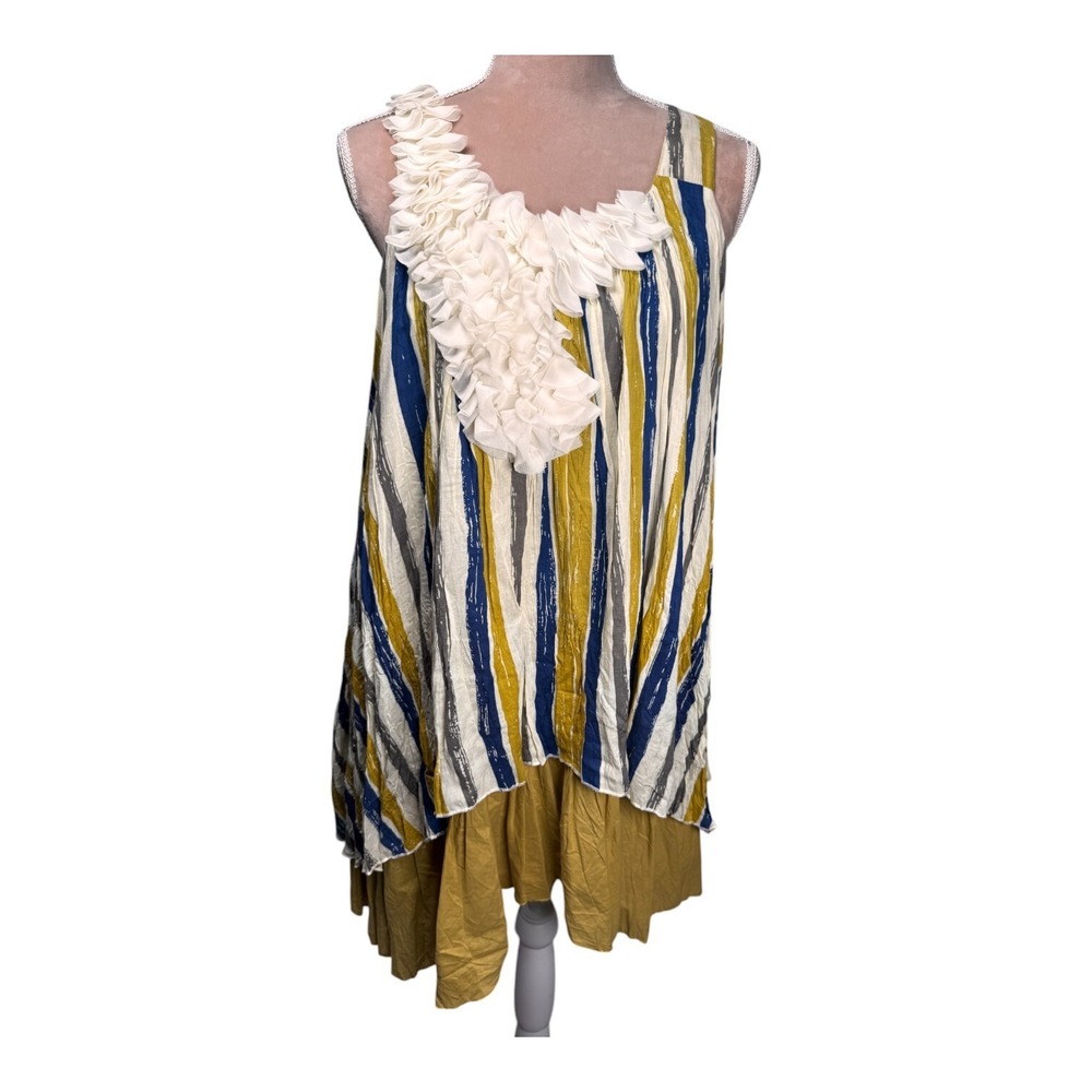 Ryu Womens Medium Mini Dress Tunic Top Mustard Blue Chiffon Trim Sleeveless Boho
